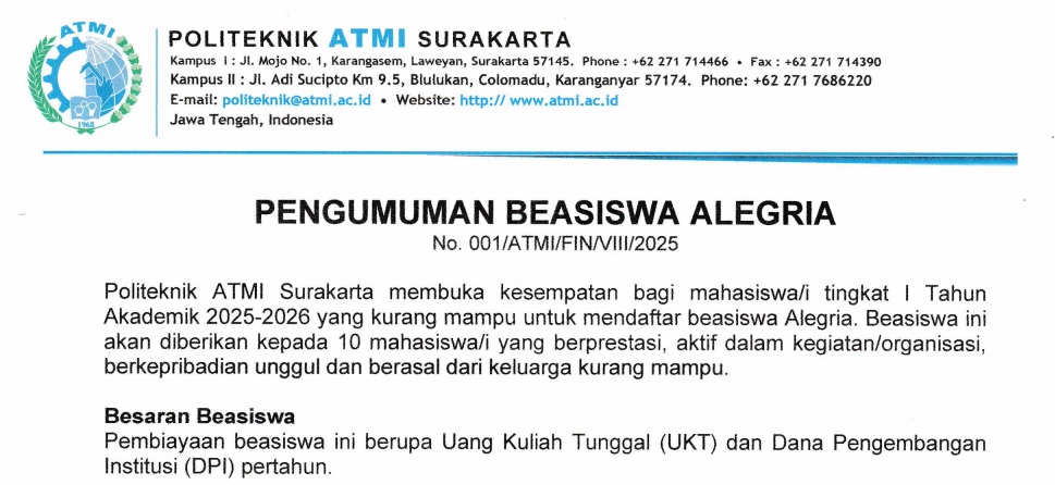 PENGUMUMAN BEASISWA ALEGRIA